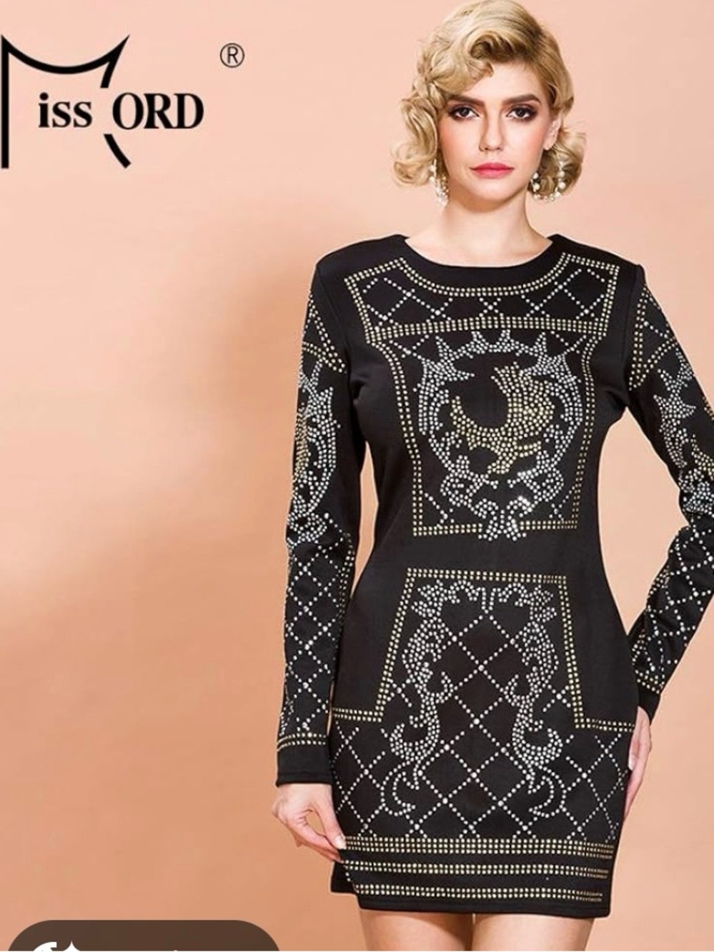 Miss Ord Women's Long Sleeve Halter Studded Casual Mini Dress with Zipper Black